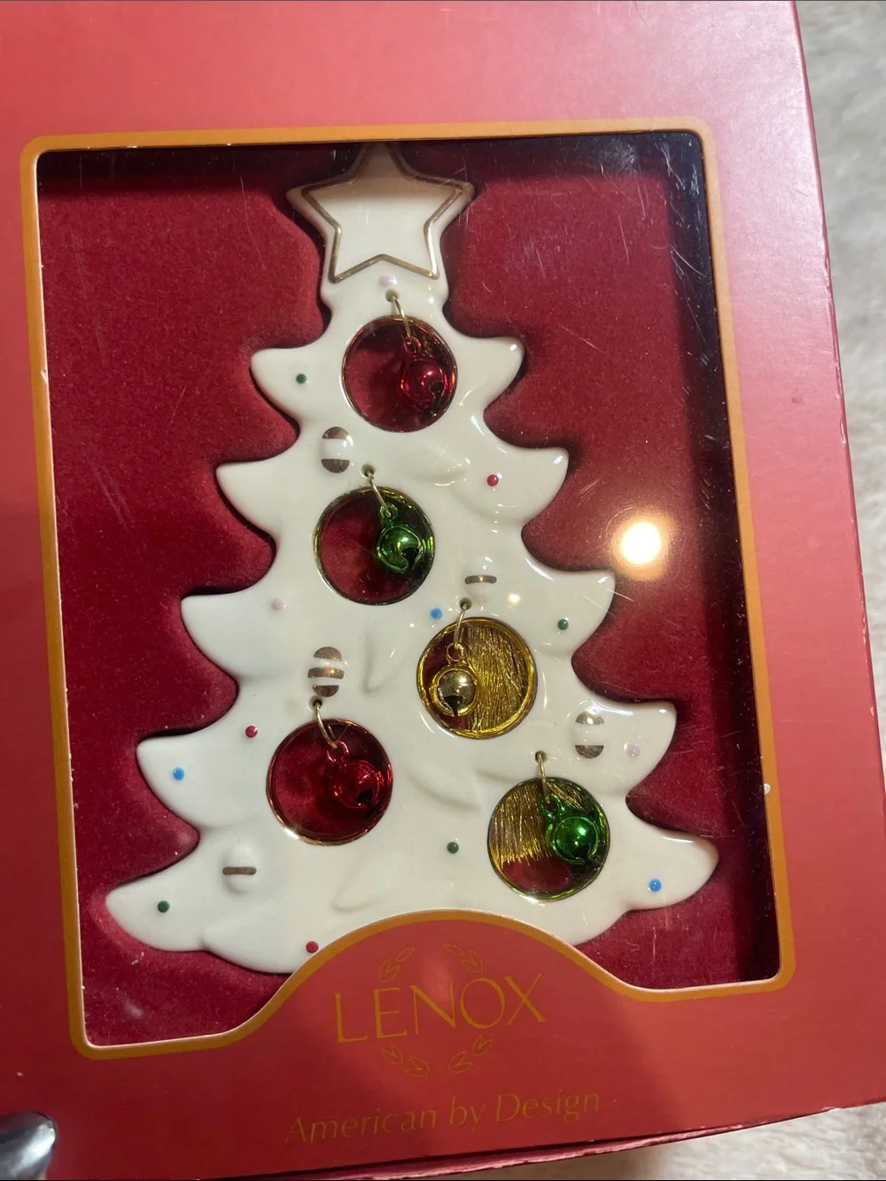 Lenox White Ceramic Tree Ornament with Red, Green & Gold Accents